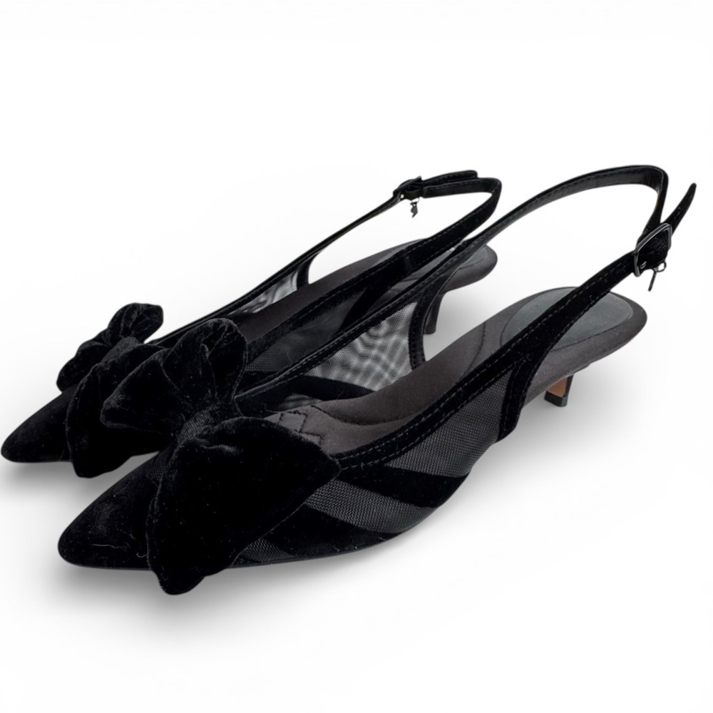 Birdies The Goldfinch Pump Black Slingback Kitten Heels velvet bow size 6